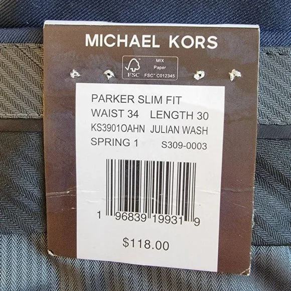 Michael Kors Size 34x30 Dress Pants Blue Parker Slim Fit Trousers NWT
